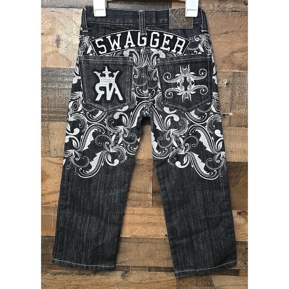 Red Ape Kids Jeans Black Embroidered Size 6 Y2K  Style Logo Cotton